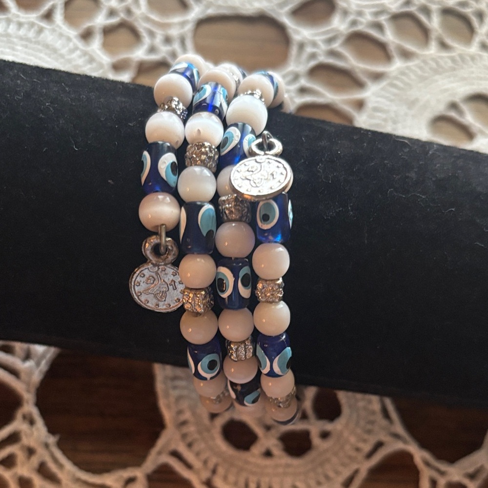 Blue and White Evil Eye Beaded Wrap Bracelet